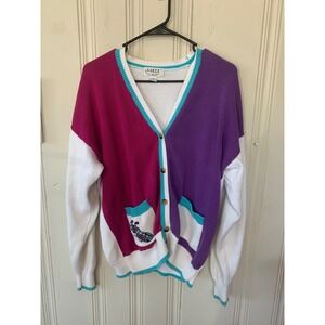 Vintage La Mode Colorblock Golf Cardigan Sweater Womens Large Cotton 90s Retro